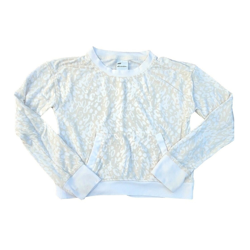 All In Motion Girls White Tan Leopard Print Pullover Sweatshirt Size S 6/7